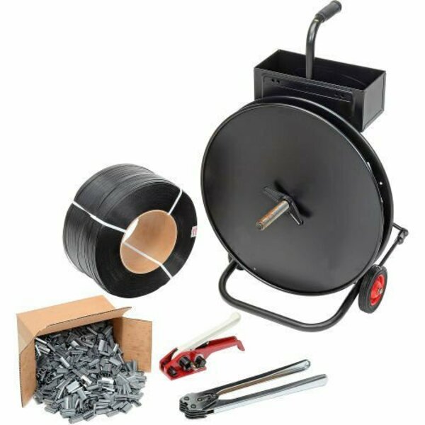 Global Industrial Strapping Kit w/ Tensioner, Crimper, Seals & Cart, 1/2inW x 9000ftL Strapping 241112